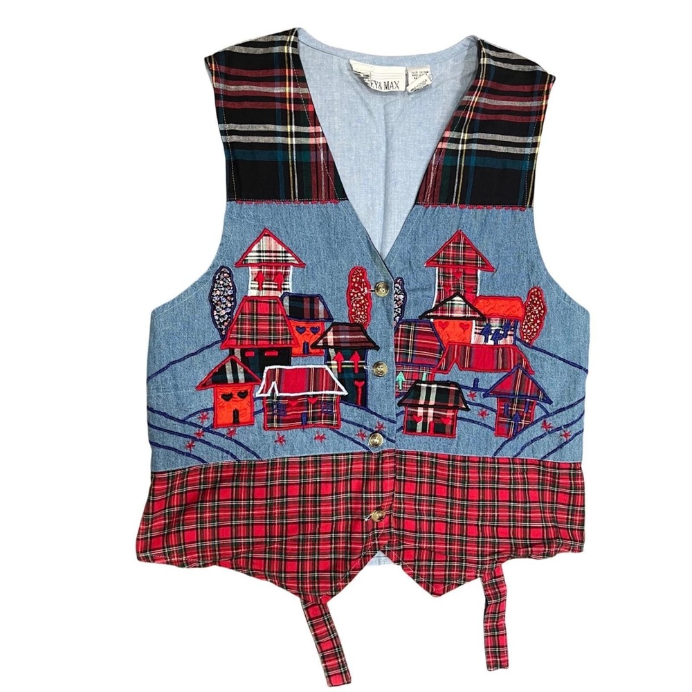 Vintage Patchwork Denim Vest Embroidered Novelty Folk Plaid Cottagecore M
